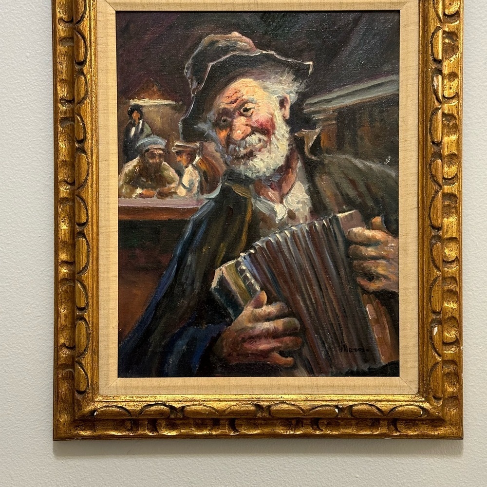 Vintage 3th quarter 20th century org painting elderly busker playing squeeze box - Picture 2 of 14